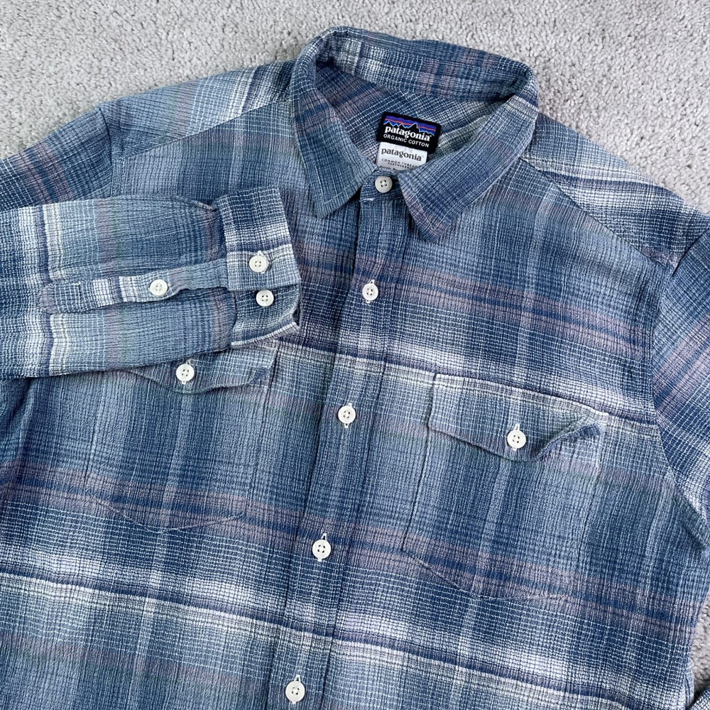 Patagonia Shirt Mens Small Blue Plaid AC Steersman Organic Cotton Gauze Hiking